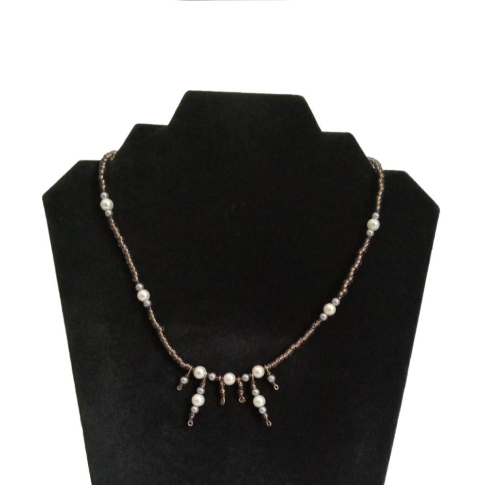 Brown & White Faux Pearl Seed Beaded Lightweight Single Strand Fashion Necklace
